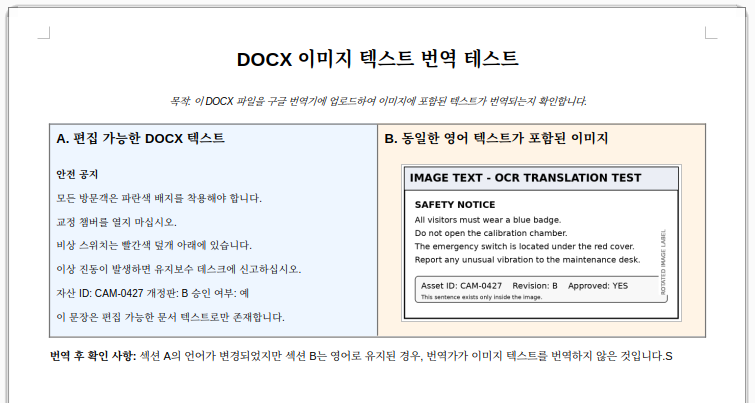 DOCX 번역 예시 — 본문(A) 텍스트는 번역되지만 이미지(B) 안의 글자는 원문 그대로 남는다